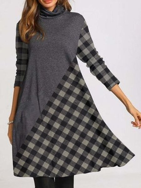 

Checked/Plaid Casual Long Sleeve Dresses, Gray, Mini Dresses