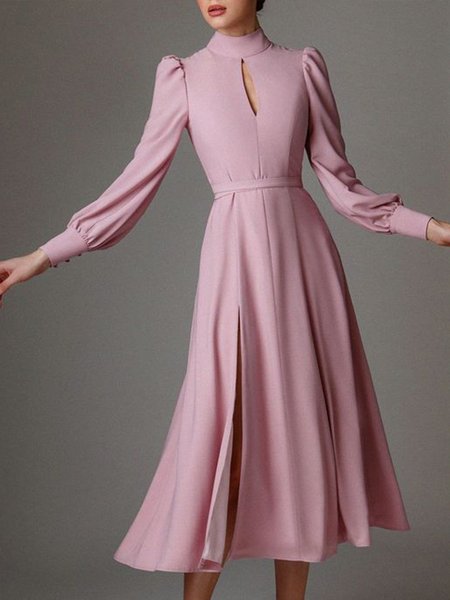 

Simple Elegant Plain Regular Fit Vintage Dress, Pink, Midi Dresses