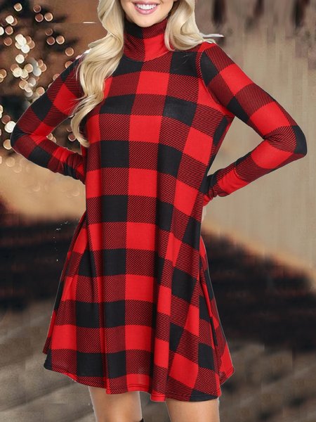 

Plaid Turtleneck Long Sleeve Tunic Dress, Red, Casual Dresses