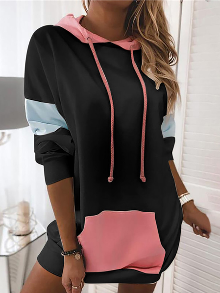 

Long Sleeve Pocket Design Colorblock Hooded Sweatshirt, Black, Casual Dresses