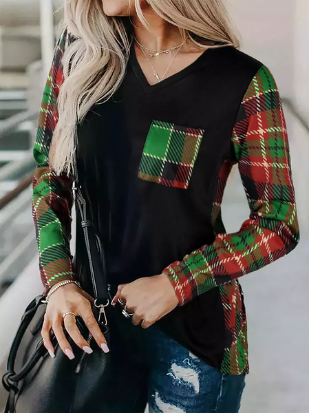 

Plaid Splicing Sleeve Pocket Pocket Casual V-neck T-Shirts & Blouse, Green, Long sleeve tops
