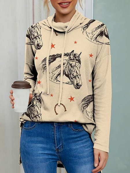 

Animal Off Shoulder Shirts & Tops Horse head pattern pile neck top, Khaki, Long sleeve tops