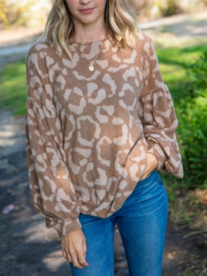 

Bishop Sleeve Loosen Leopard Shirts & Tops, Light brown, Long sleeve tops