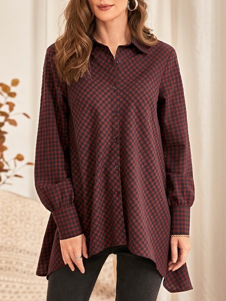 

Grid Casual Loosen Cotton Blends Shirts & Tops, Dark pink, Shirts & Blouses