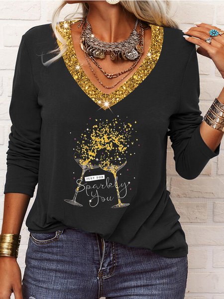 

V Neck Letter Shirts & Tops, Black, Tees & T-shirts