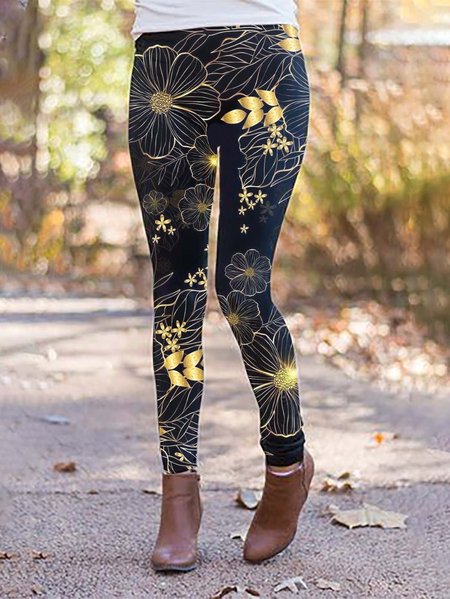 

Holiday Casual Floral Print Elastic Waist Skinny Pants, Black, Leggings