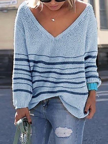 

Autumn Winter Loose Knitted Casual Pullover Sweater, Blue, Sweaters