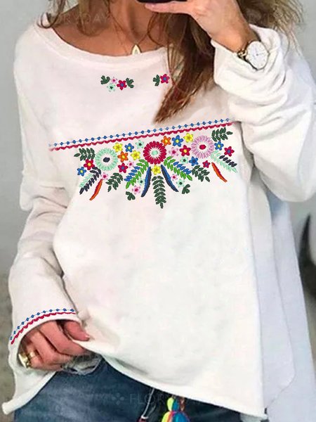 

Boho Floral Print Crew Neck Long SLeeve Tops, White, T-Shirts