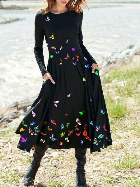 

Butterfly Regular Fit Cotton Blends Dresses, Black, Midi Dresses