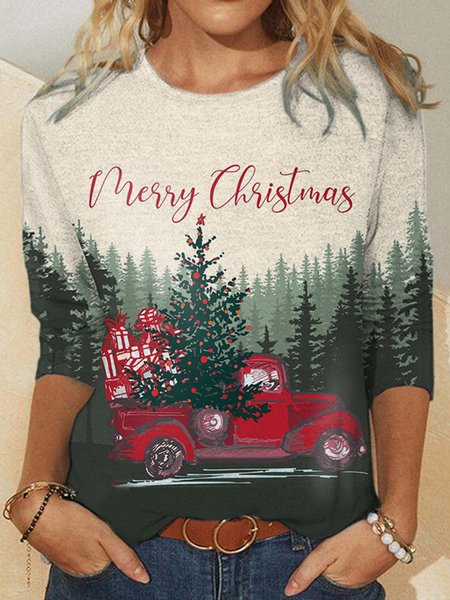 

Merry Christmas Rustic Antique Truck through the Forest Printed Casual Sweatshirt, As picture, Hoodies&Sweatshirts