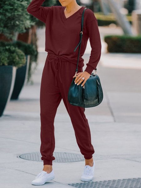 

Casual Vacation Sporty Solid Loosen Suits, Wine red, Suit Set