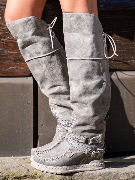 

Vintage Belt Buckle Lace-up Suede Over the knee Boots, Off white, Boots