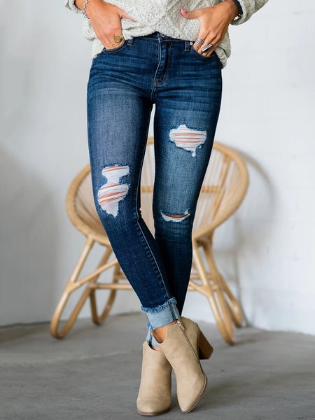 

Buttoned Skinny Denim Casual Pants, Brown, Pants