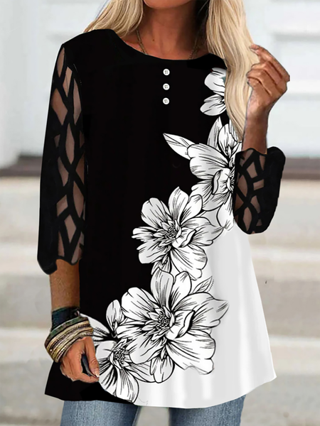 

Mesh Floral Print Casual Crew Neck 3/4 Sleeve Tops, Black, Tops