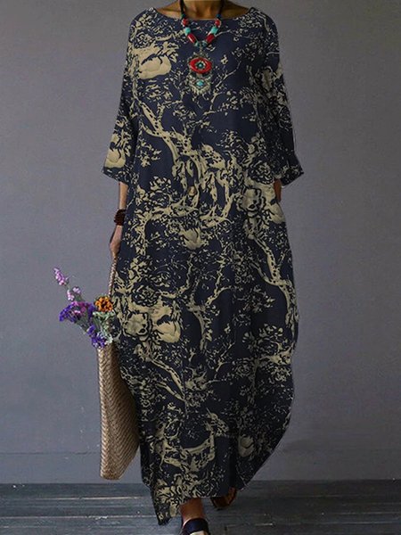 

Navy Blue Cotton Vintage Loosen Dresses, Maxi Dresses
