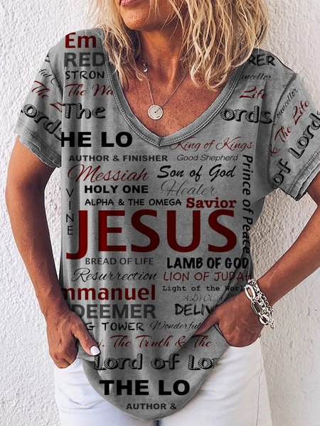 

Casual Short Sleeve V Neck Plus Size Printed Tops T-shirts, Gray, T-Shirts