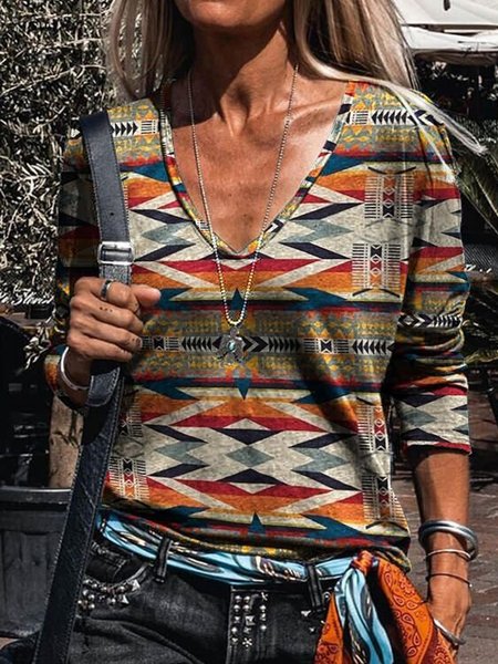 

V Neck Vintage Loosen Shirts & Tops, Multicolor, Long sleeve tops