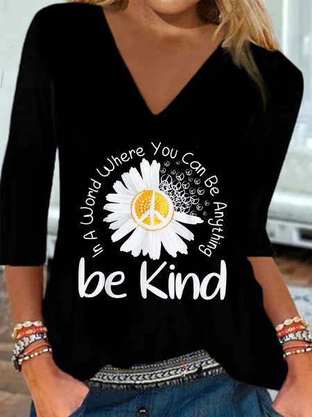 

Casual Three Quarter V Neck Plus Size Printed Tops T-shirts, Black, T-Shirts