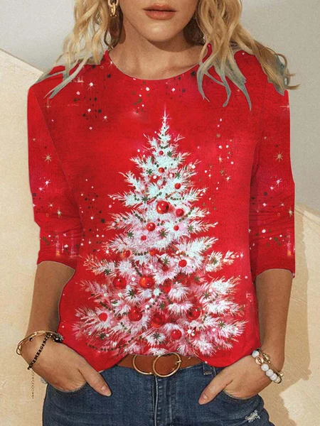 

Women's White Christmas Tree On Red Casual Crew Neck Long Sleeve T-shirt, Long sleeves