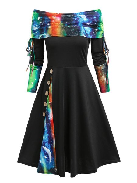 

Cinched Off The Shoulder Print Dress, Black, Mini Dresses
