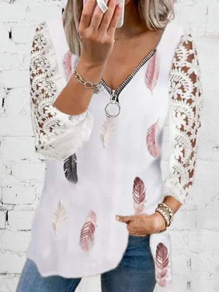 V Neck Elegant Floral Shirts & Tops, White, Shirts & Blouses