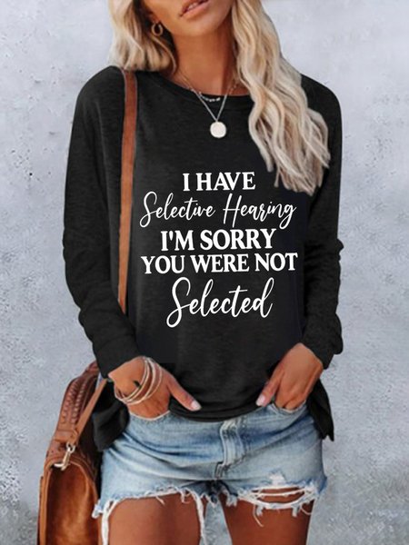 

Letters Printed Casual Long Sleeve Round Neck Loosen Shirts & Tops, Black, Tops