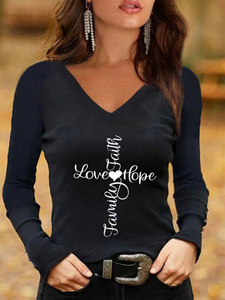 

Letters Printed Long Sleeves V Neck Plus Size Casual Tops, Black, T-Shirts