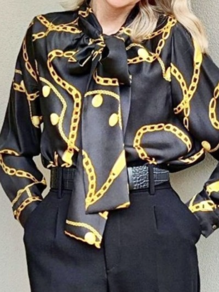 

Spring Tie Neck Simple Mid-weight Work Formal Long sleeve Tops, Black, Blouses and Shirts