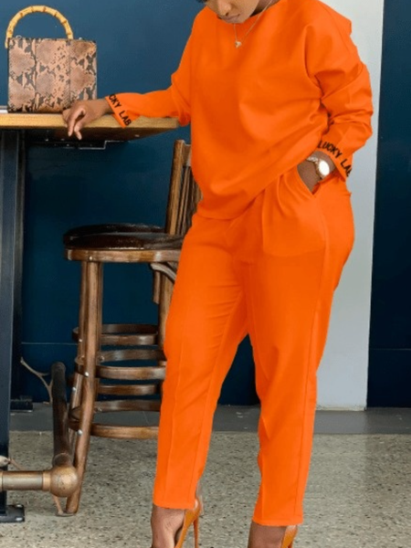 

Winter Crew Neck Loosen Letter Top With Pants Daily Suits, Orange, Two Piece