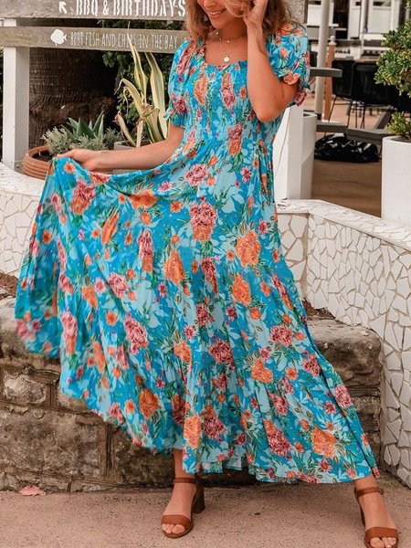 

Boho Floral Crew Neck Short Sleeve Dresses, Blue, Maxi Dresses