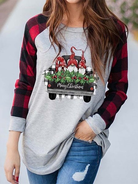 

Girocollo Casuale Natale Disegno Stampato Maniche Lunghe Top, Grigio chiaro, Tops