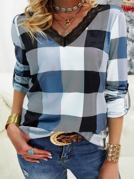 

Guipure Loosen Casual Shirts & Tops, Blue, Long sleeve tops