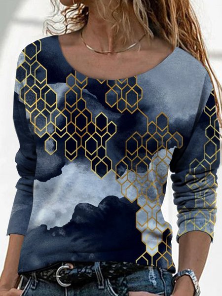 

Casual Long Sleeve Round Neck Plus Size Printed Tops T-shirts, Blue, T-Shirts