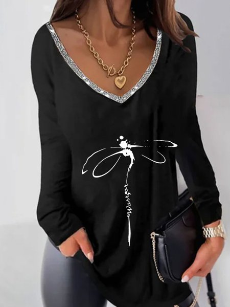 

Casual Long Sleeve V Neck Plus Size Printed Tops, Black, Tops