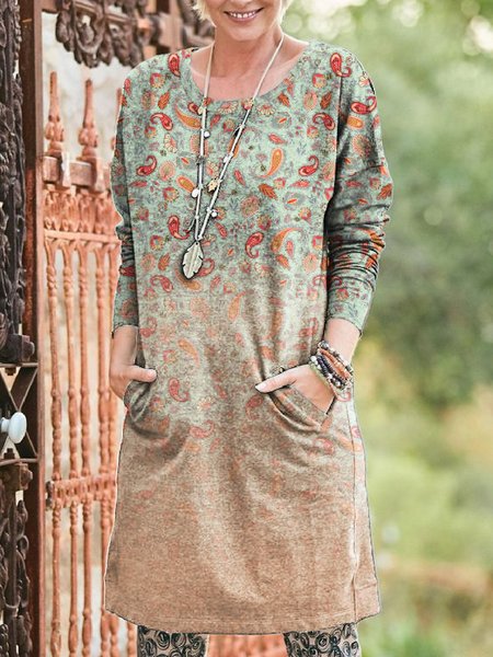 

Patterned Loosen Long Sleeve Midi Dresses, As picture, Mini Dresses
