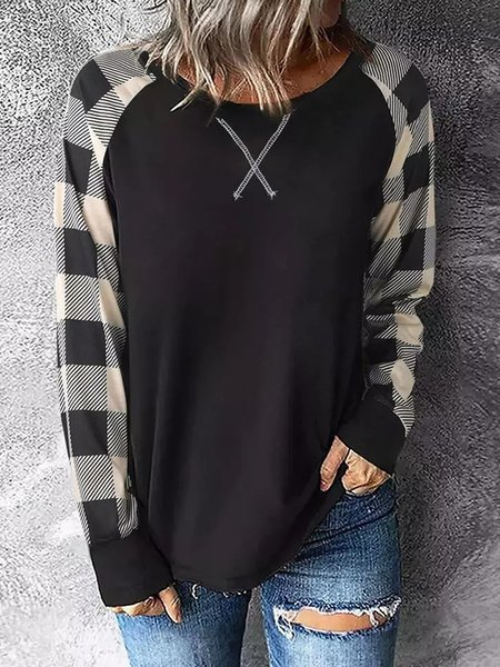 

Grid Casual Color Block Shirts & Tops, Black, Long sleeve tops