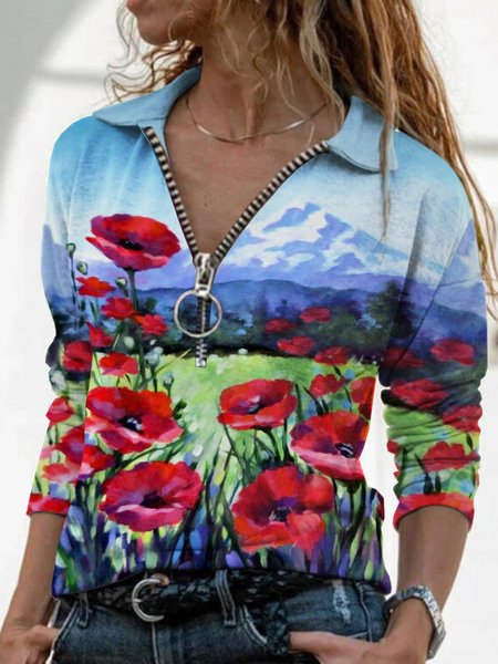 

Floral Printed Long Sleeves Zipper Plus Size Casual Tops, Multicolor, T-Shirts
