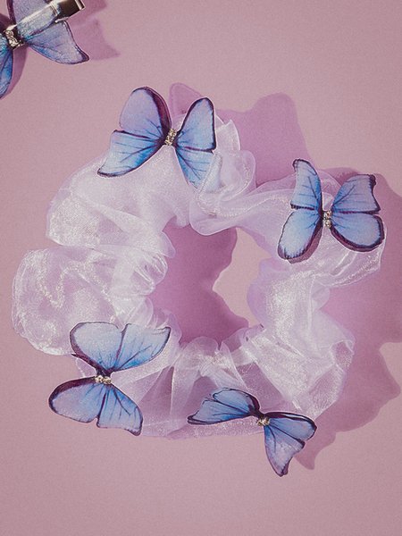 Elegant Butterfly Rhinestone Organza Hair Ties, Blue white, Women Hair Accessories