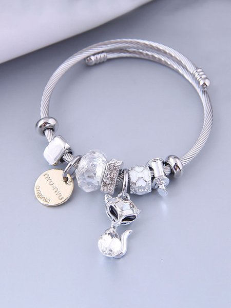 Simple Rhinestone Metal Round Cat Bracelet, White, Bracelets