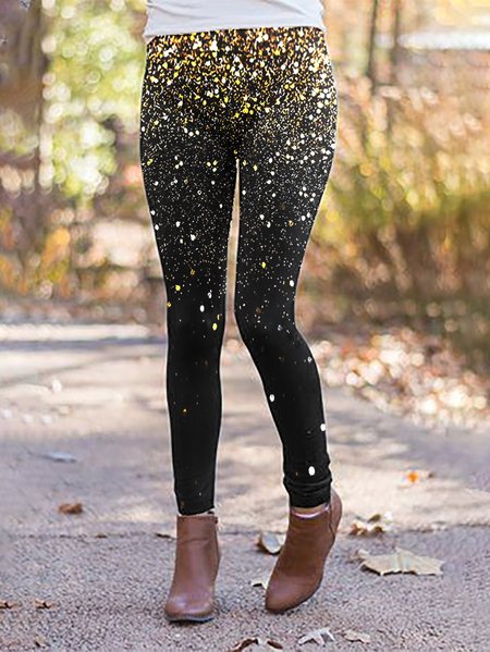 

Casual Elastic Waist Cropped Leggings with Glittering Printing Leggings, Black, Leggings