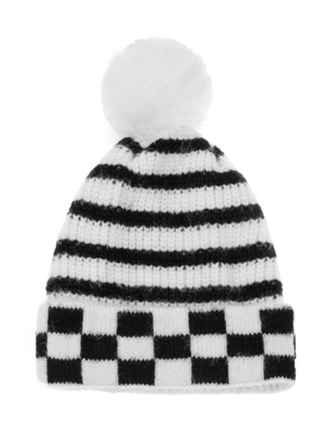 

Casual Checked/Plaid Wool Ball Knitted Hat, White, Poncho and Capes