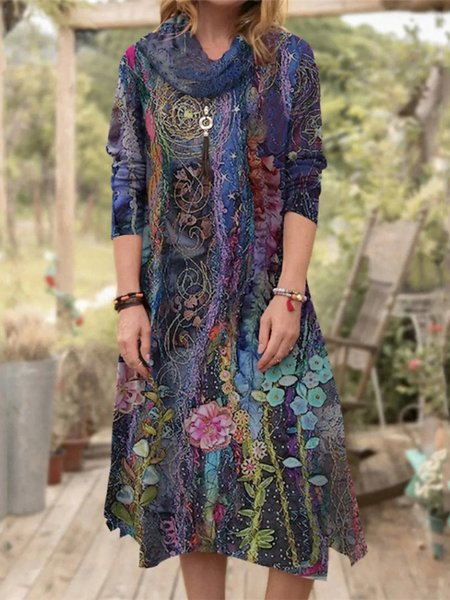 Floral Cowl Neck Vacation Dresses, Dark blue, Floral Dresses