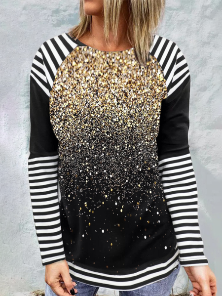 

Striped Print Vacation Raglan Sleeve Round Neck T-Shirts & Tops, Black, Long sleeve tops