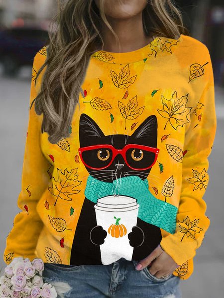 

Casual cat print round neck long sleeve sweatshirt, Yellow, Hoodies&Sweatshirts