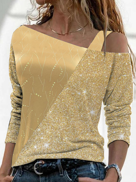 

Long sleeve asymmetric collar party holiday velvet Korean velvet elastic fabric top T-shirt women, Champagne, Long sleeve tops