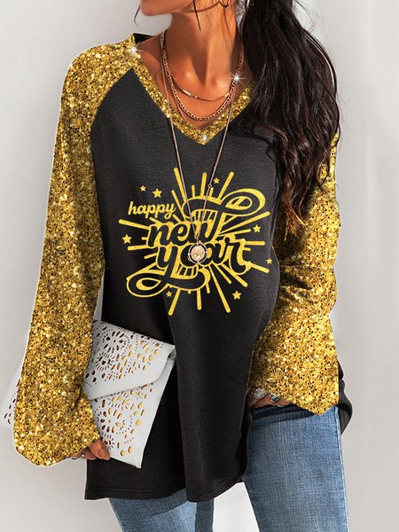 

V Neck Casual Regular Fit Shirts & Tops, Black, Long sleeve tops