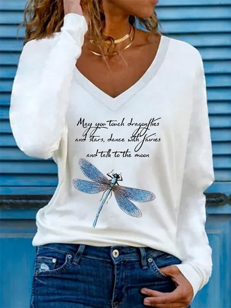 

Pastoral Dragonfly V Neck Shirts & Tops, White, T-Shirts