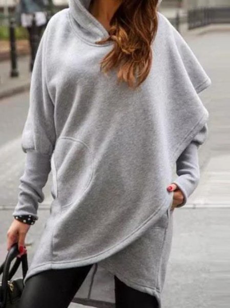 

Puff Sleeve Asymmetric Casual Long sleeve Hooded Sweatshirt, Gray, Hoodies & Sweatshirts