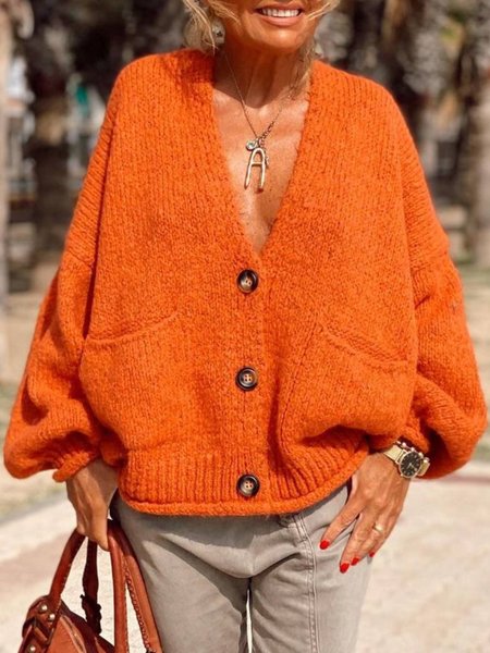 

V Neck Casual Loosen Outerwear, Orange red, Cardigans