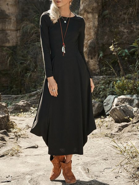

Casual Solid Crew Neck Long Sleeve Dresses, Black, Maxi Dresses
